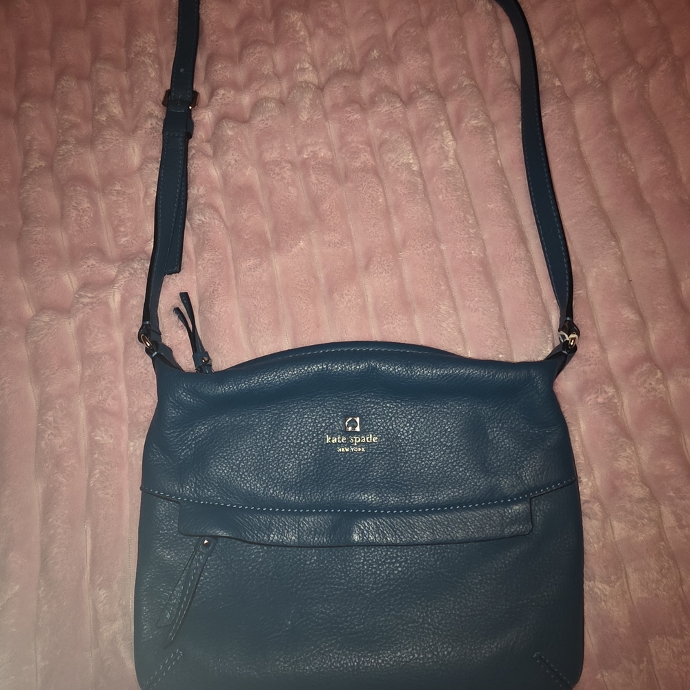 kate spade teal pebbled leather crossbody with gold logo